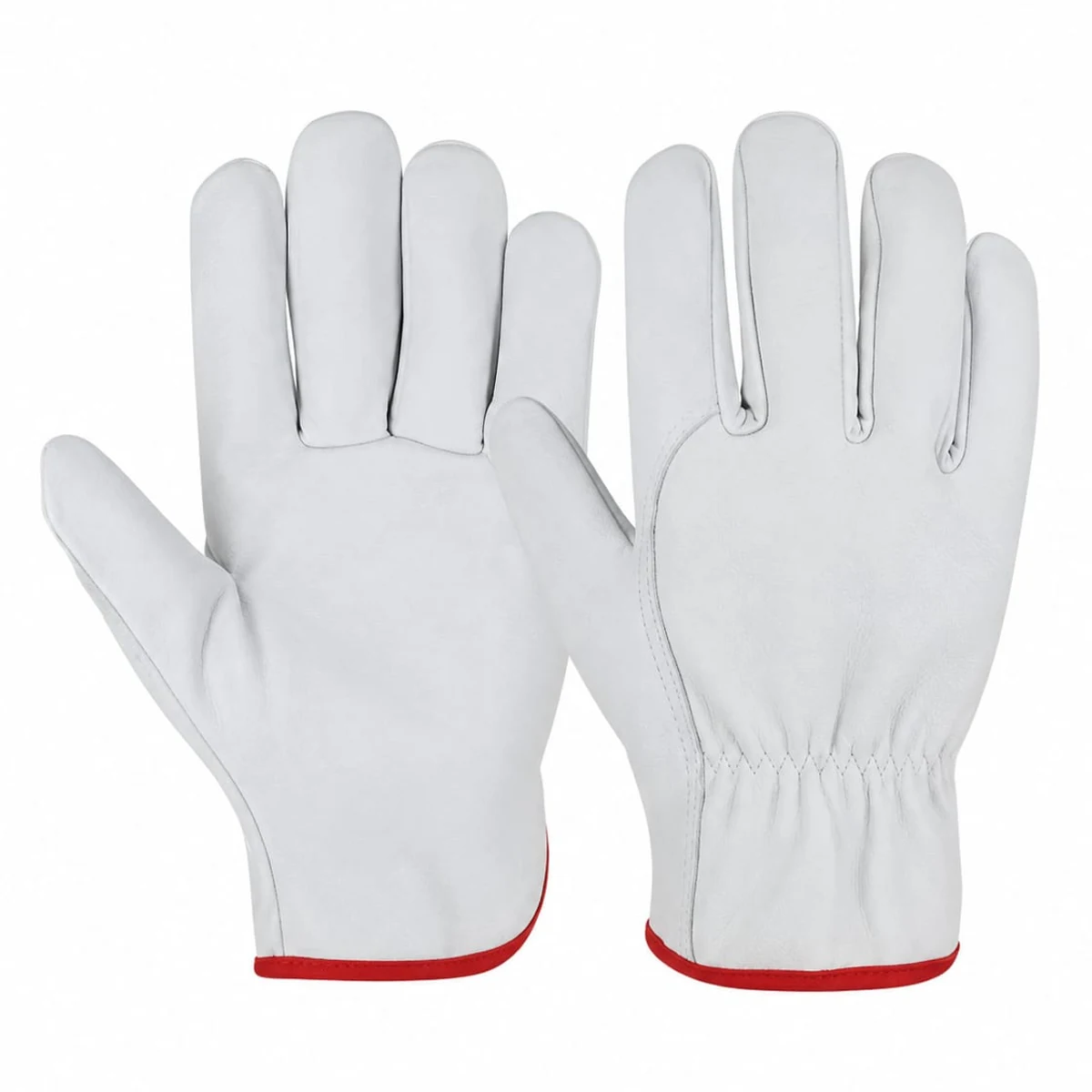 Pair of white leather driving gloves with gathered short cuffs and narrow red binding, supplied by the client
