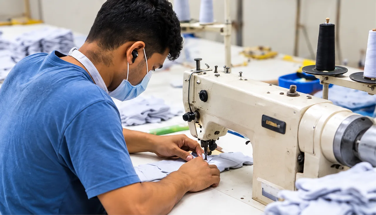 FD workshop team member stitching leather at a sewing machine, from client-supplied factory photography