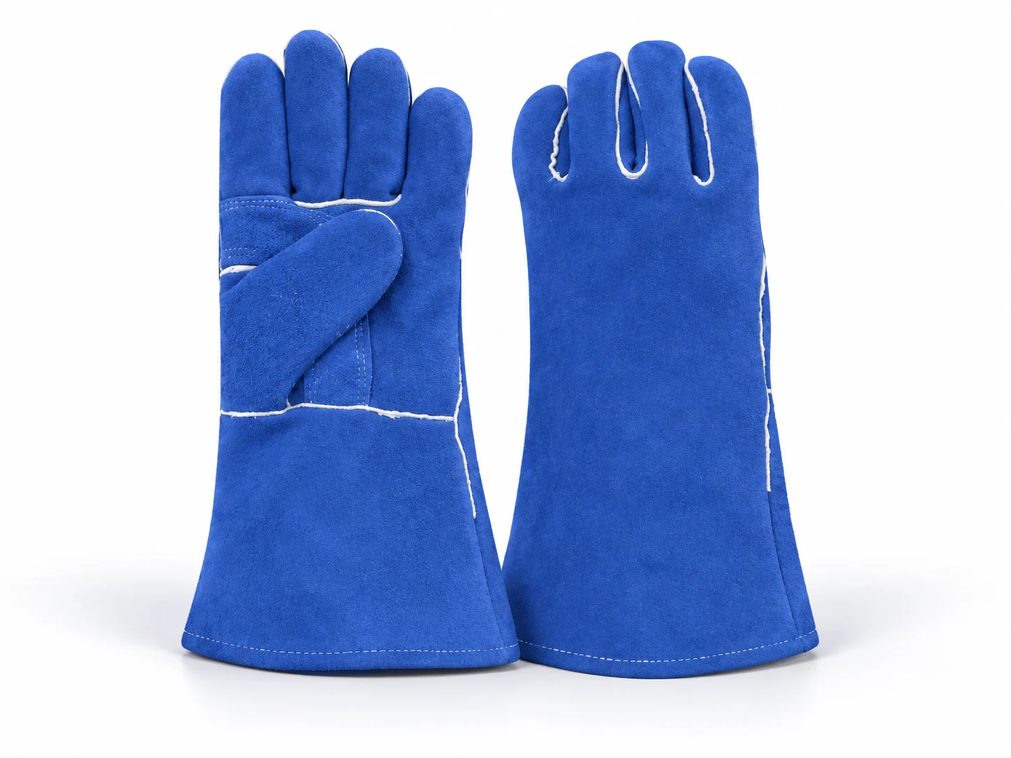 Pair of royal blue cow split leather welding gauntlet gloves