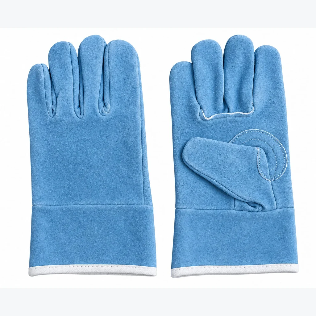 Pair of blue five-finger short working gloves with reinforced thumbs and white bound cuffs