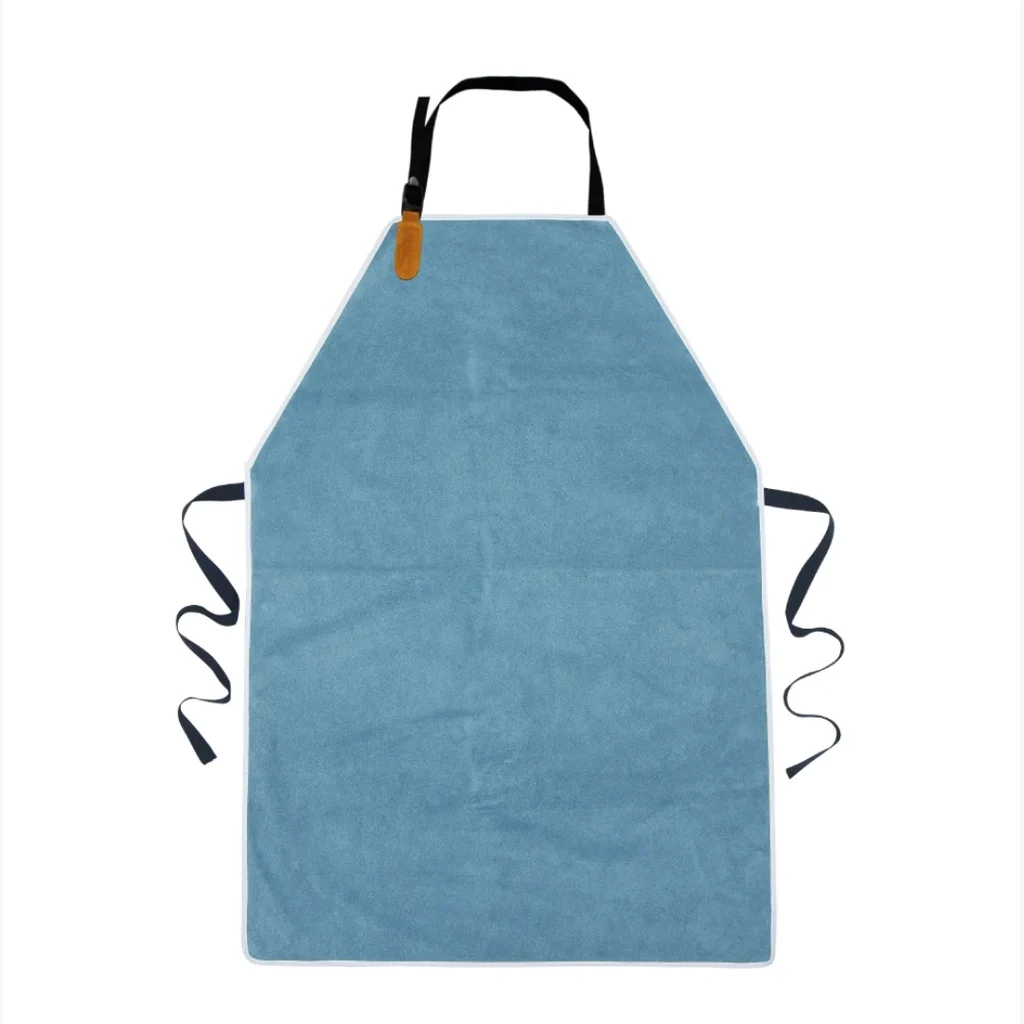Blue fire-resistant split leather welding apron with white binding and black adjustable ties