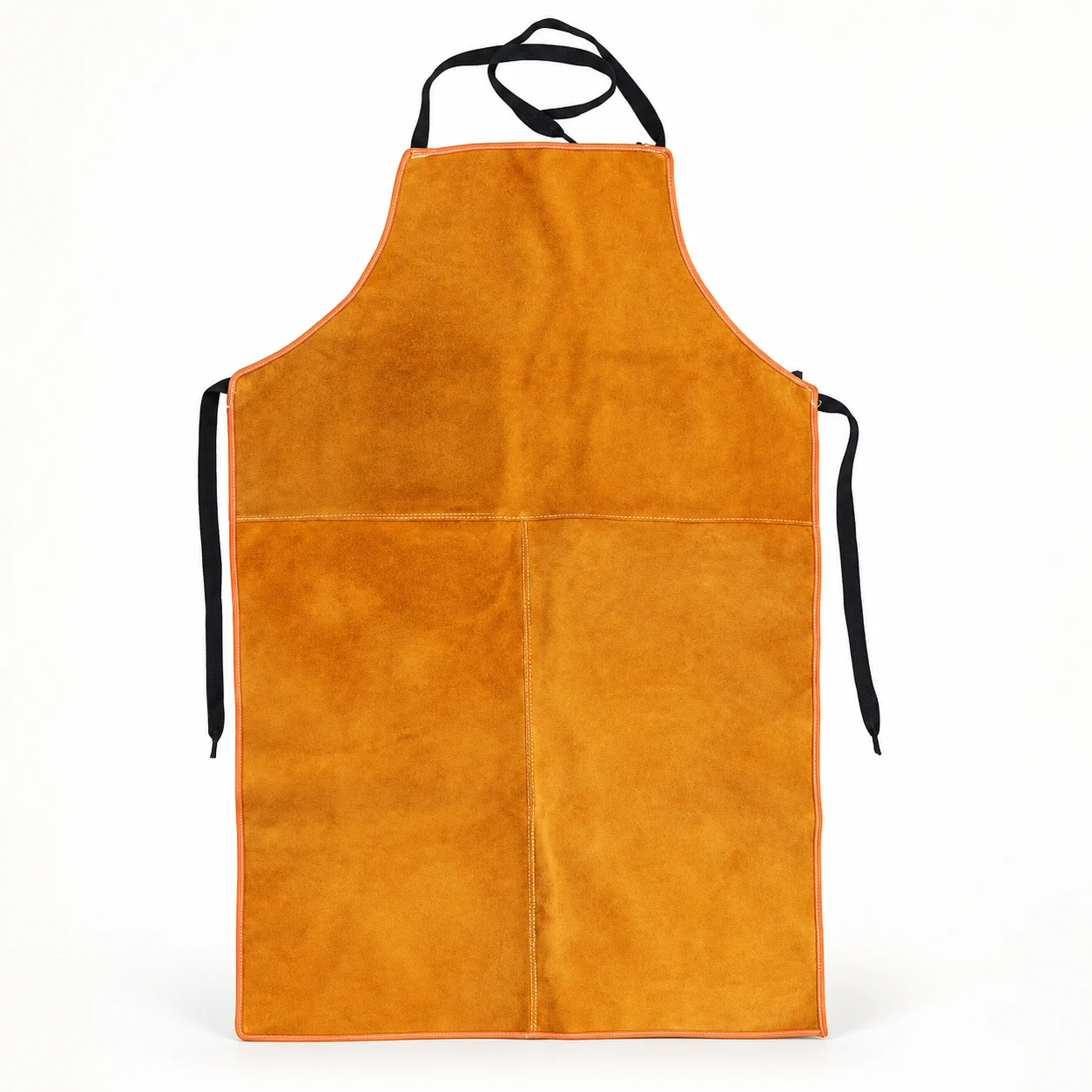 Tan welding apron with black neck loop and side ties