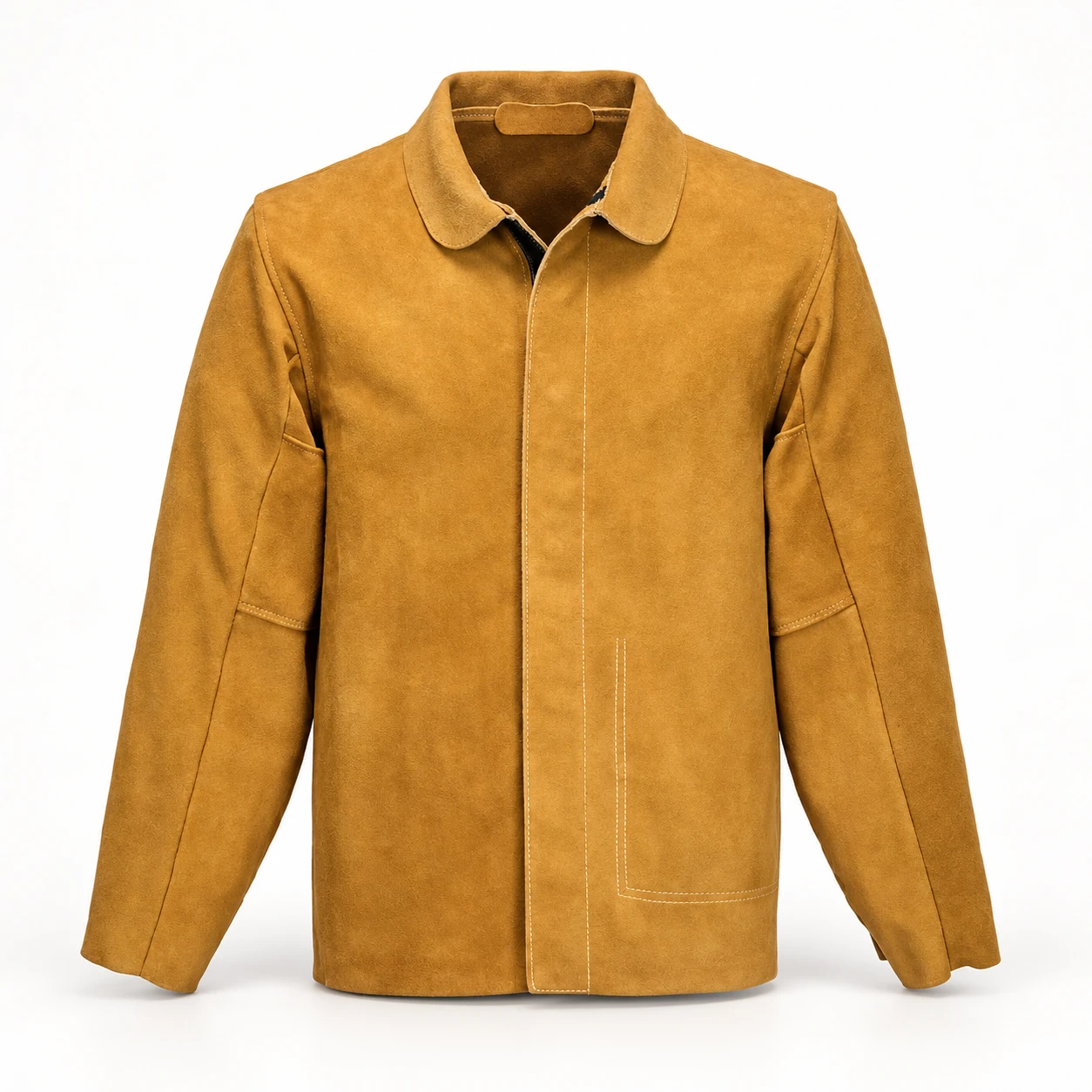 Tan welding jacket with a front closure and long sleeves
