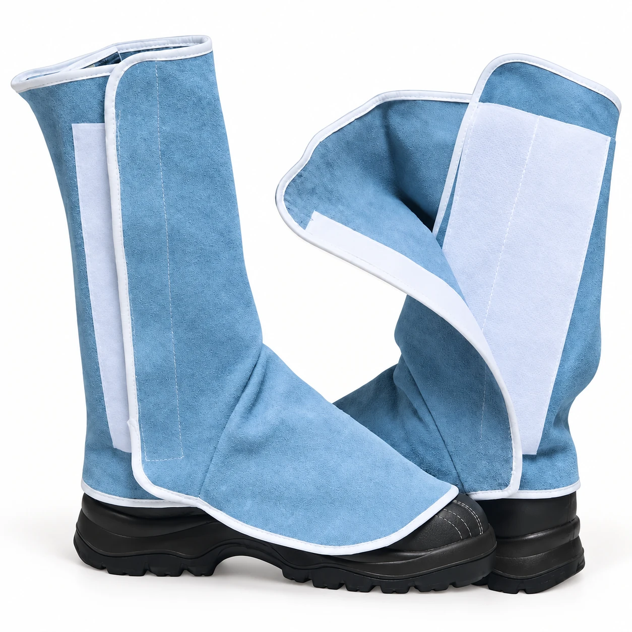 Pair of blue welding leg guards with white binding and black foot covers